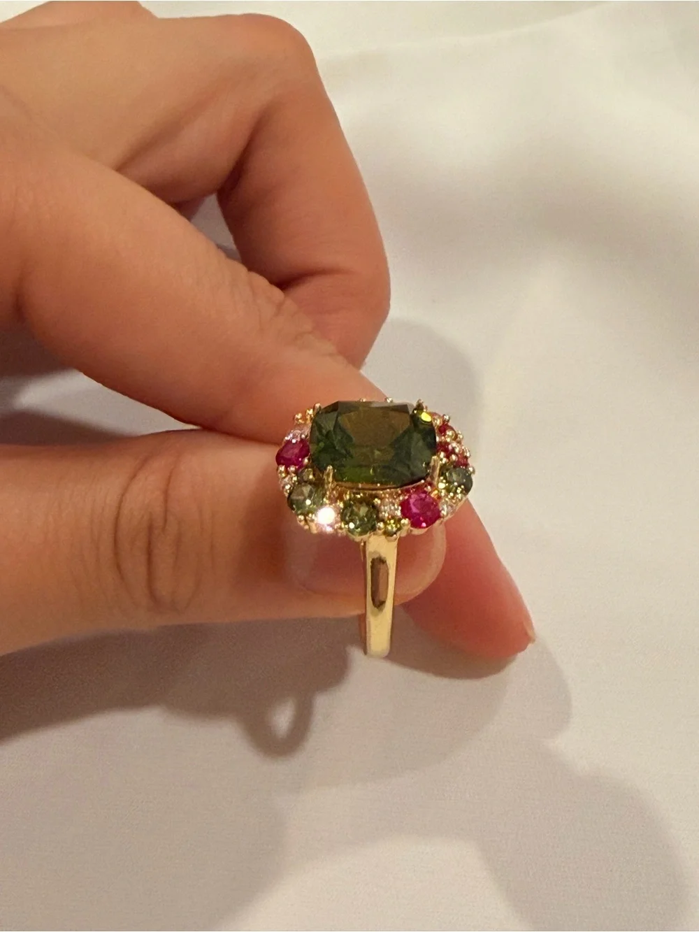 Gold Ring with Olive Green Center and Pink Accents
